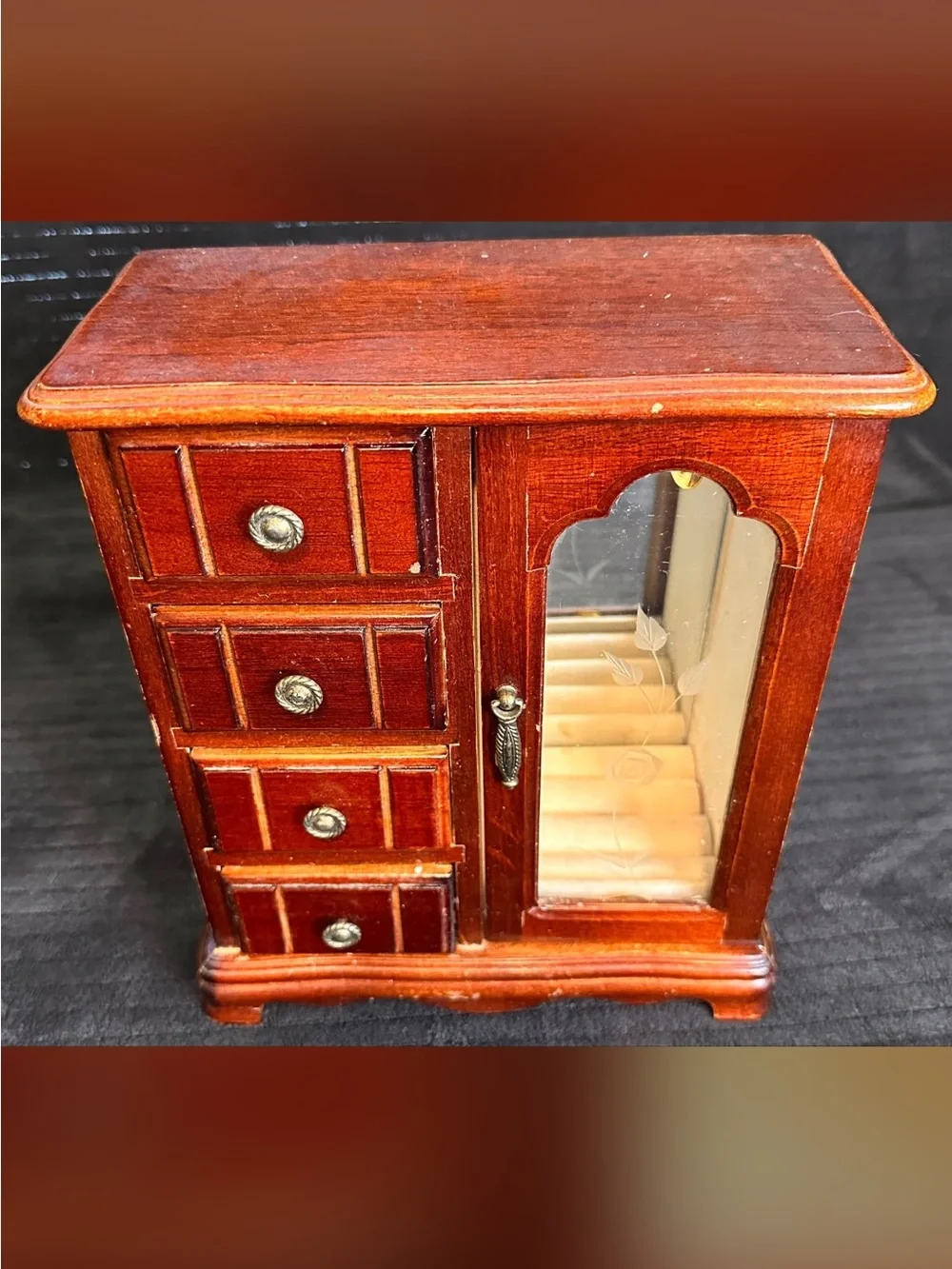Vintage Wooden Jewelry Armoire Cabinet w/ Drawers, Mirror & Glass Door